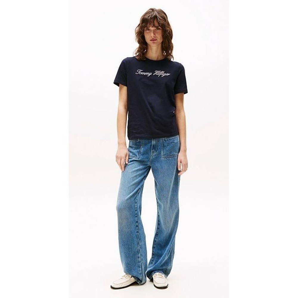 Tommy Hilfiger Women's Short Sleeve Crew Logo Cursive T-Shirt in Navy XLarge - Picture 3 of 8